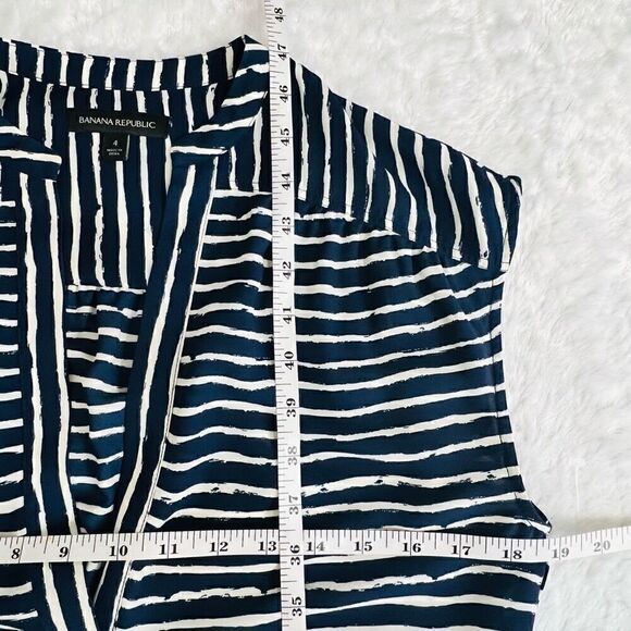 Banana Republic Womens Blue & Cream Striped Cap Sleeve Split Neck Blouson Dress - Picture 9 of 10